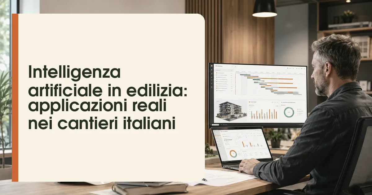 Intelligenza artificiale in edilizia: tablet con analisi dati in un cantiere